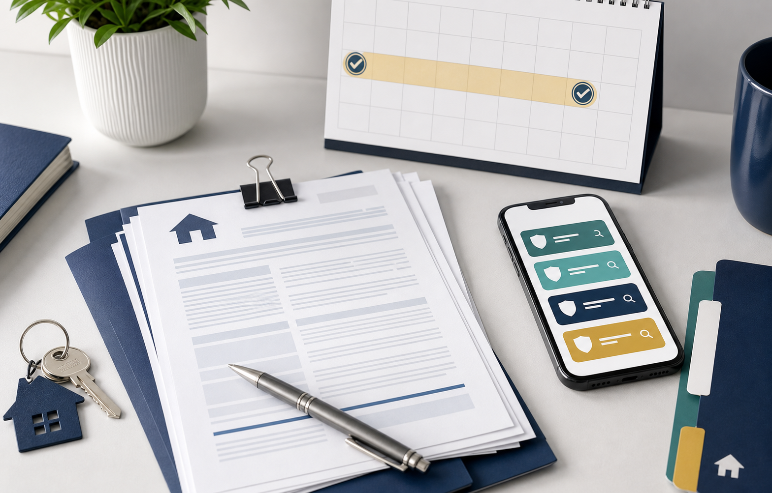 Organised tenancy deposit evidence with calendar, phone and keys