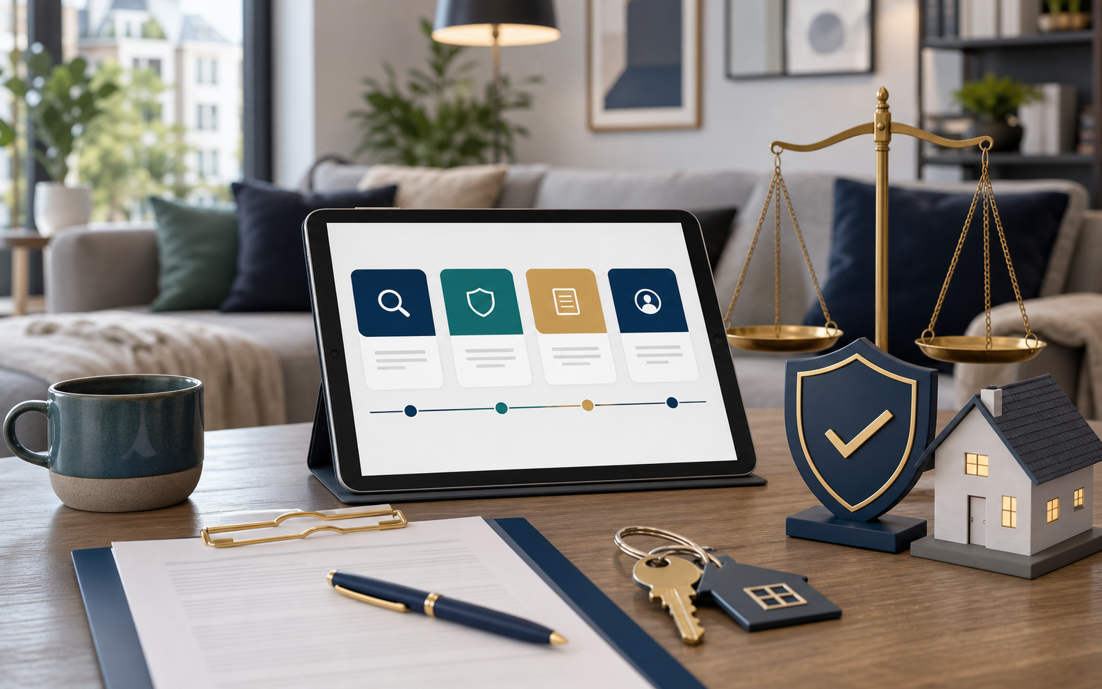 Tablet showing renter claim pathway with keys and shield